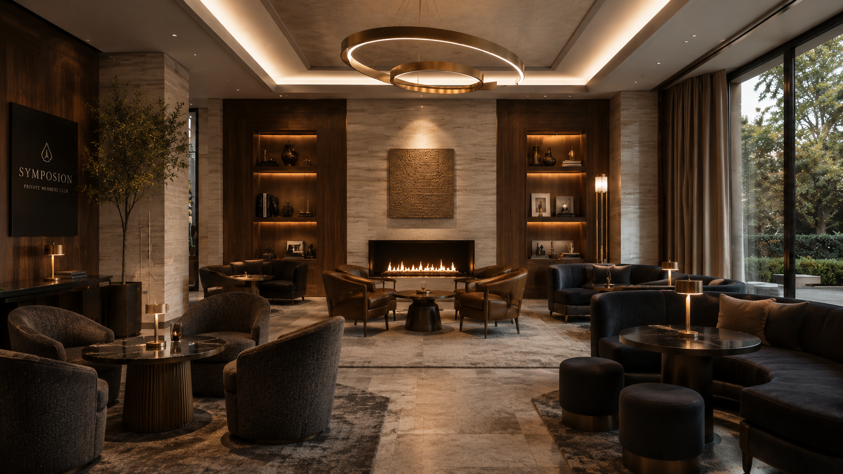 Modern luxury private members club lounge with multiple seating spaces